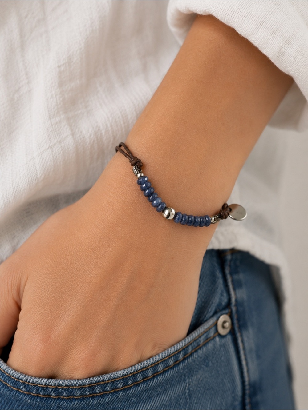 Handmade Sterling Silver and Blue Beaded Bracelet with Adjustable Closure